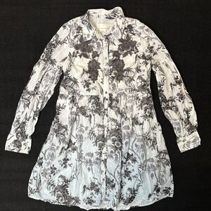 Anthropologie Linen Floral Button Down Dress Size 2 Light Blue /white Ombré